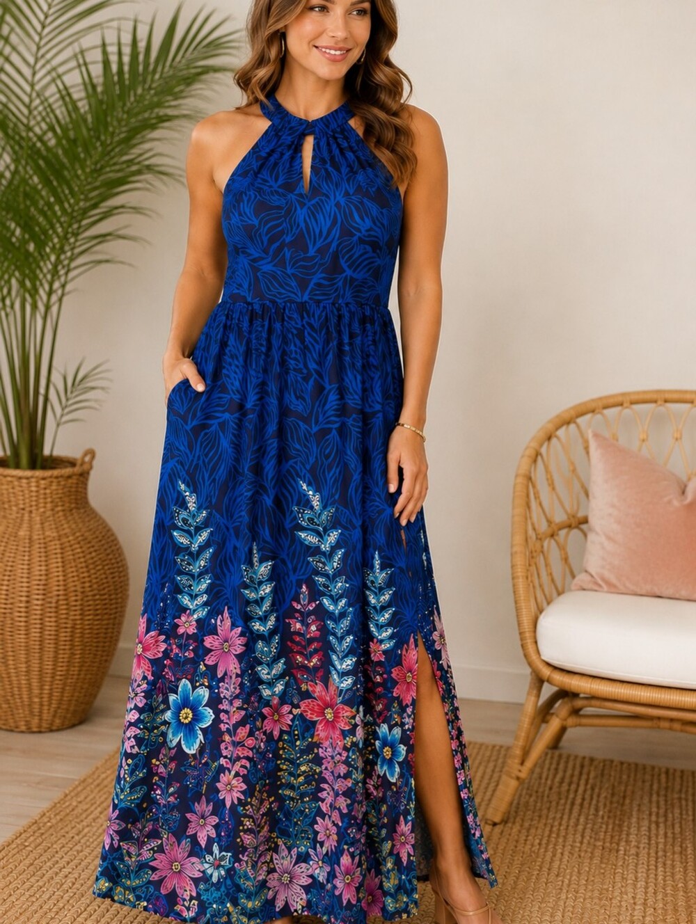 London Times NWT Tropical Floral Halter Maxi Dress A-164